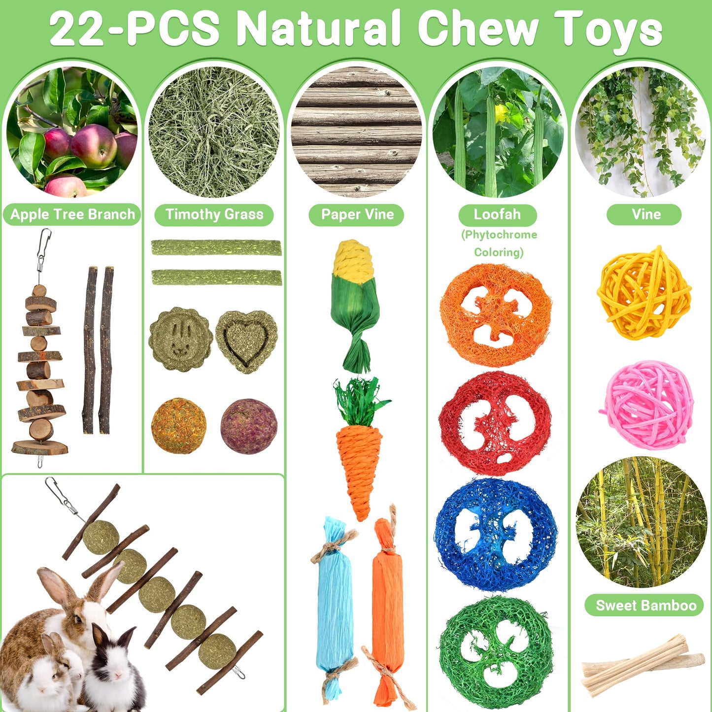 22-Pack Natural Bunny Chew Toys, Boredom Breakers for Rabbit, Hamster, Guinea Pig & Chinchilla, Apple Wood Timothy Hay Sticks for Small Animal Teething Furr-Reel