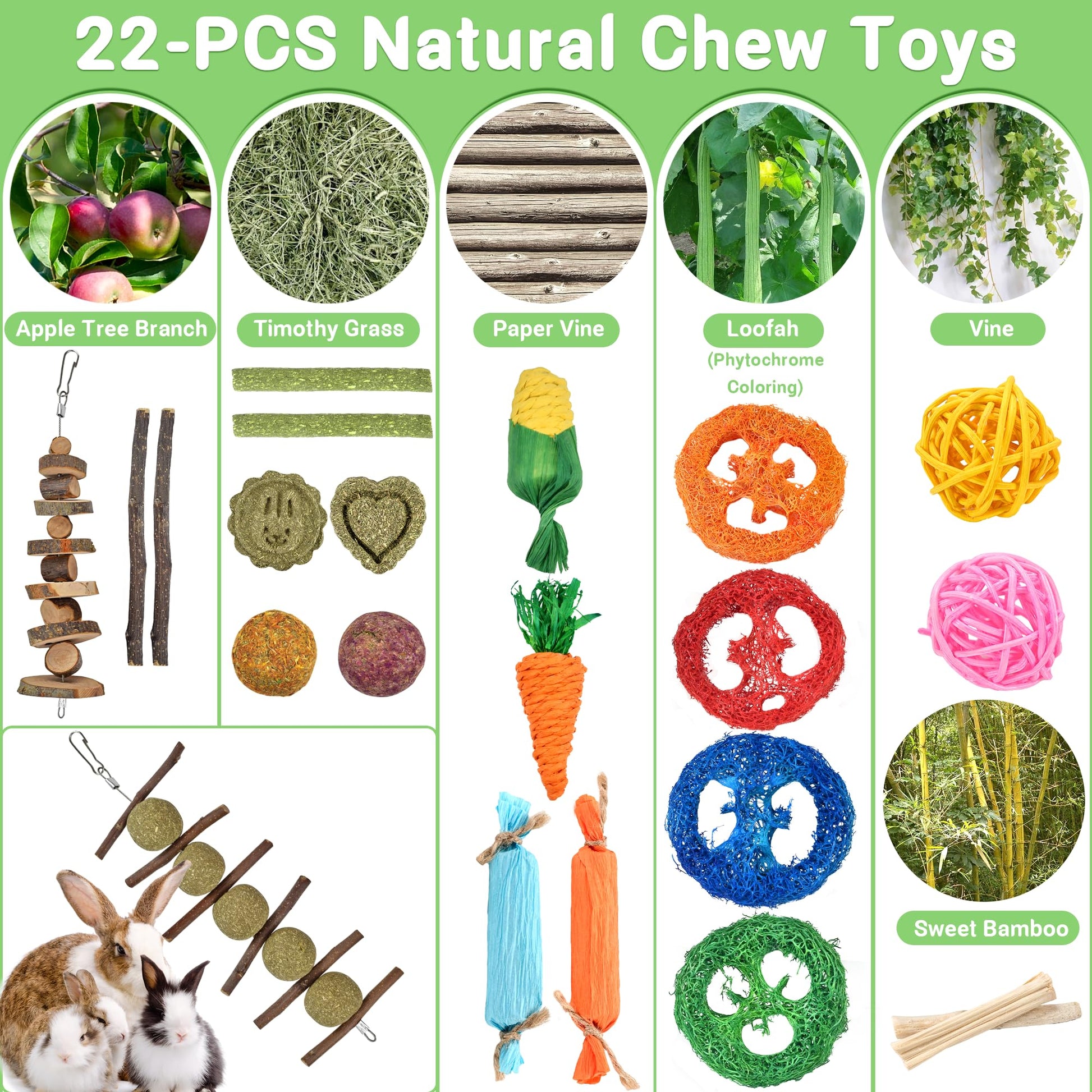 22-Pack Natural Bunny Chew Toys, Boredom Breakers for Rabbit, Hamster, Guinea Pig & Chinchilla, Apple Wood Timothy Hay Sticks for Small Animal Teething Furr-Reel