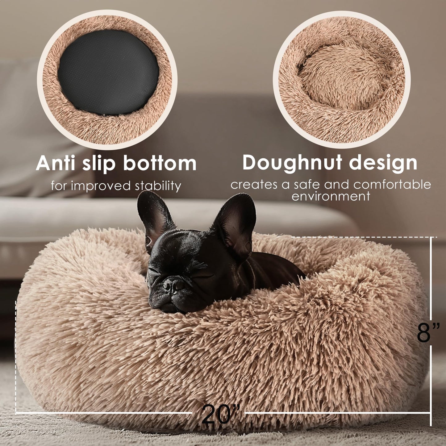 Dog & Cat Bed, 20in Cat Beds for Indoor Cats, Calming Donut Bed for Puppy and Kitten, Washable Round Fluffy Pet Bed for Small Medium Dogs and Cats (Light Grey)