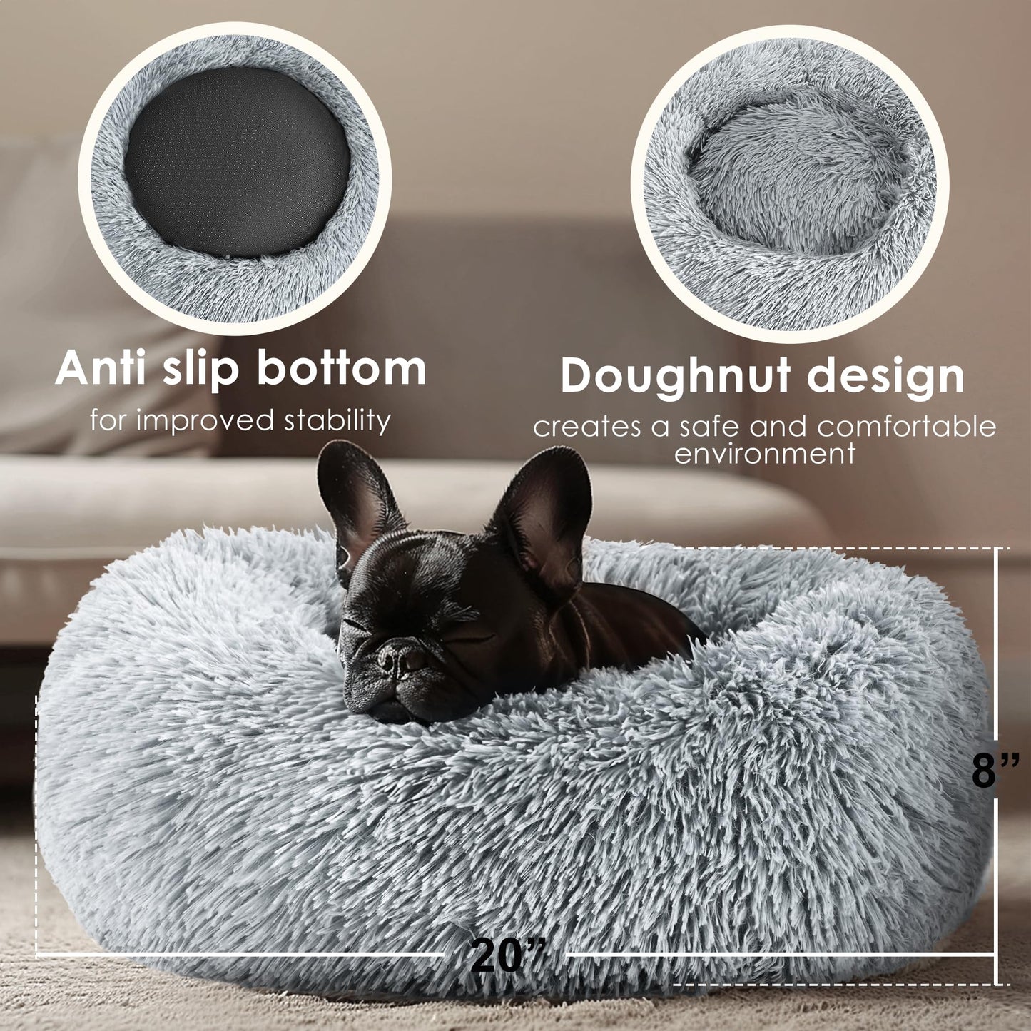 Dog & Cat Bed, 20in Cat Beds for Indoor Cats, Calming Donut Bed for Puppy and Kitten, Washable Round Fluffy Pet Bed for Small Medium Dogs and Cats (Light Grey)