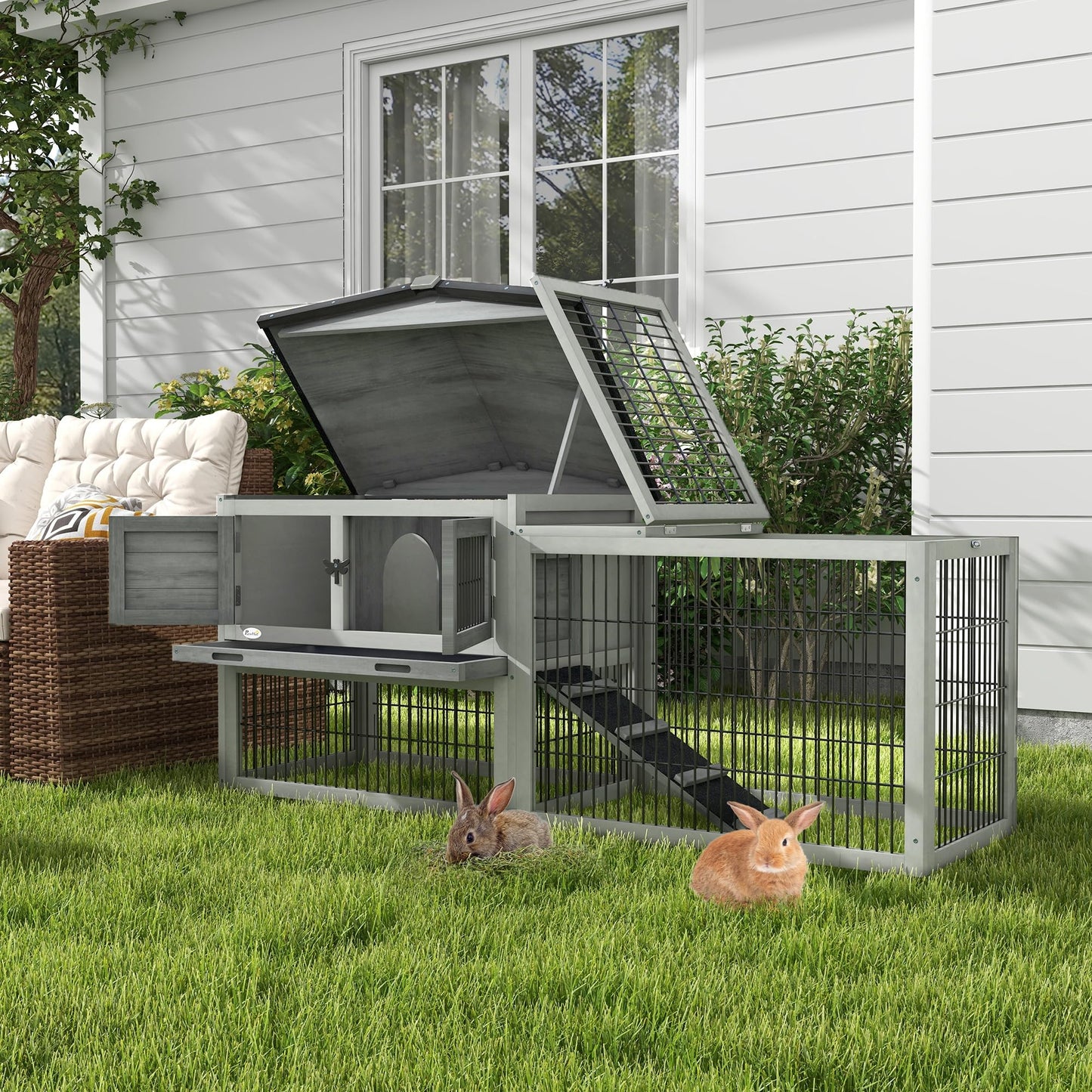 PawHut Solid Wood Rabbit Hutch Bunny Cage Pet Guinea Pig House Outdoor Small Animal Habitat w/Ramp, Weather-Resistant Asphalt Openable Roof, Pull-Out Tray, Dark Grey
