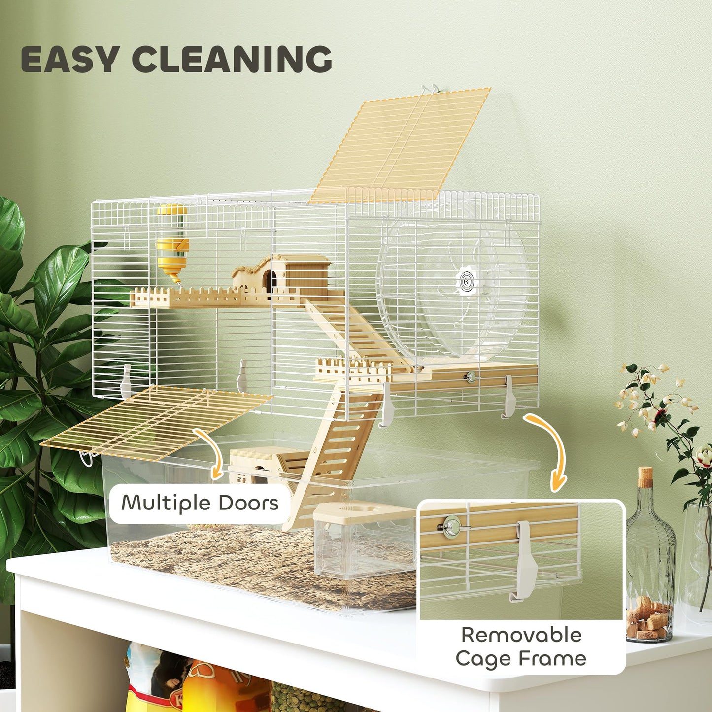 PawHut Hamster Cage, Transparent Small Animal House with Deep Bottom, Wooden Ramp, Hut, Bathroom and Exercise Wheel for Hamster and Gerbil, 23.2" L x 14" W x 18.5" H, Two Huts
