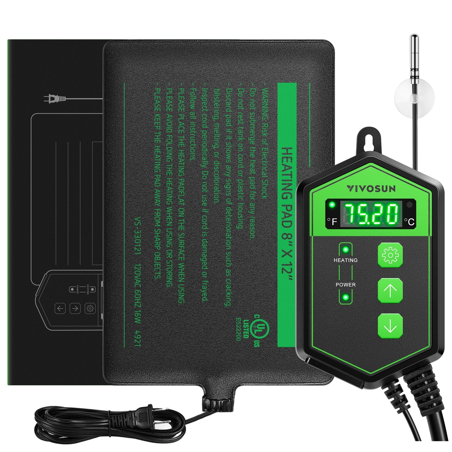 VIVOSUN Tapis chauffant pour reptiles de 15,2 x 20,3 cm avec thermostat combiné sous réservoir pour terrarium, surface imperméable pour tortues, lézards, grenouilles et autres reptiles