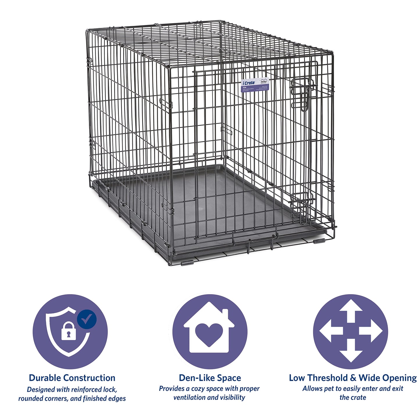 Dog Crate | MidWest iCrate 30" Folding Metal Dog Crate w/ Divider Panel, Floor Protecting Feet & Leak-Proof Plastic Tray | 30L x 19W x 21H Inches, Medium Dog, Black