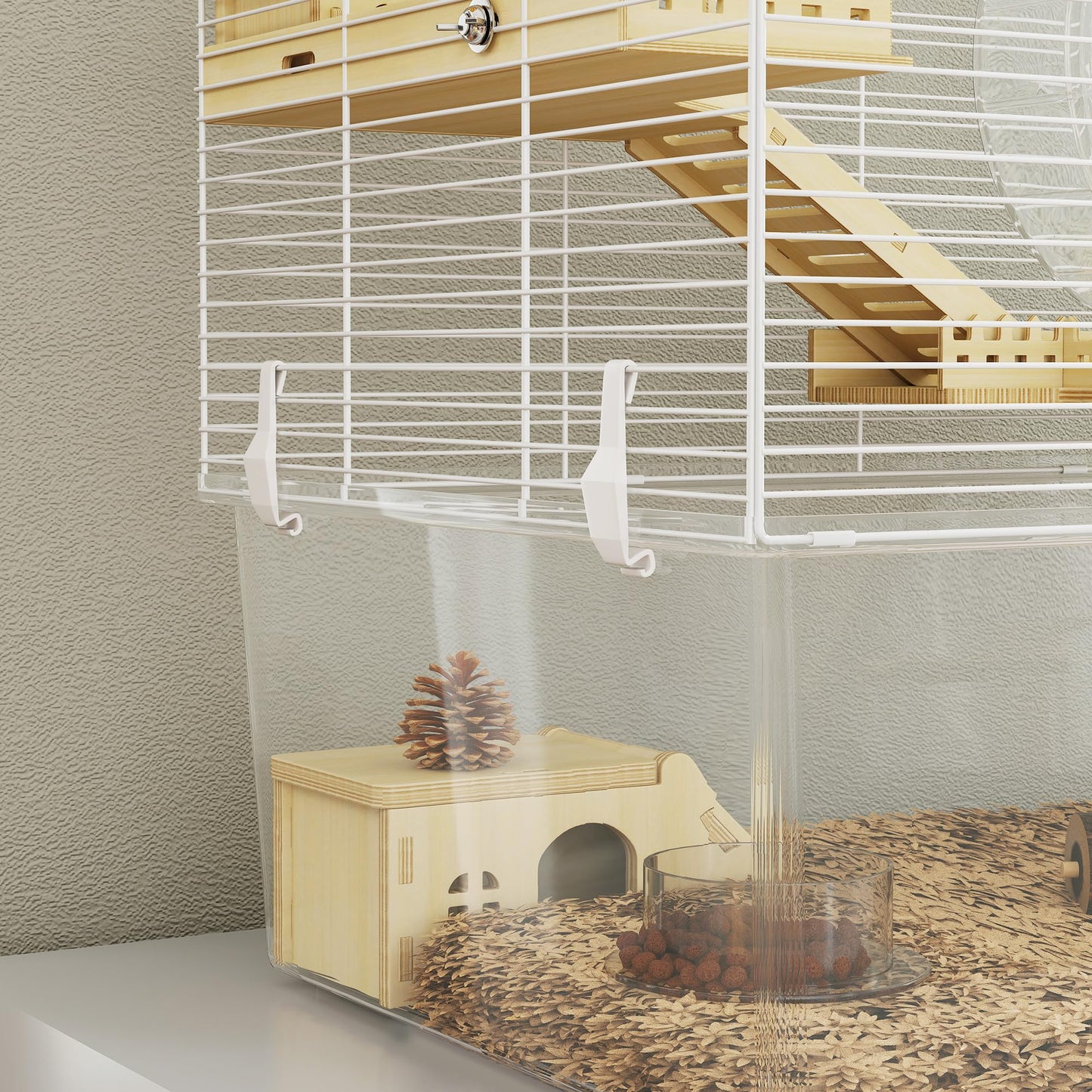 PawHut Hamster Cage, Transparent Small Animal House with Deep Bottom, Wooden Ramp, Hut, Bathroom and Exercise Wheel for Hamster and Gerbil, 23.2" L x 14" W x 18.5" H, Two Huts