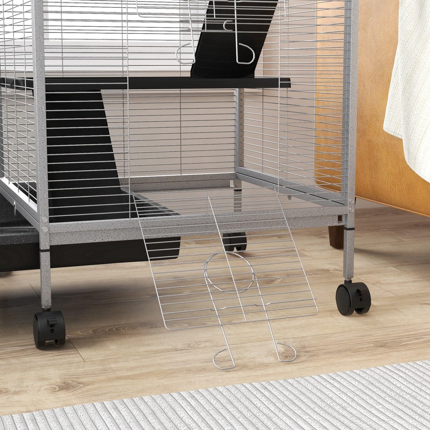 PawHut 4-Tier Rolling Small Animal Cage, Deluxe Guinea Pig Cage, Ferret Cage for Mink Chinchilla Kitten Rabbit, Small Pet Play House with Hammock Platform, Ramp, Removable Tray, Silver Grey