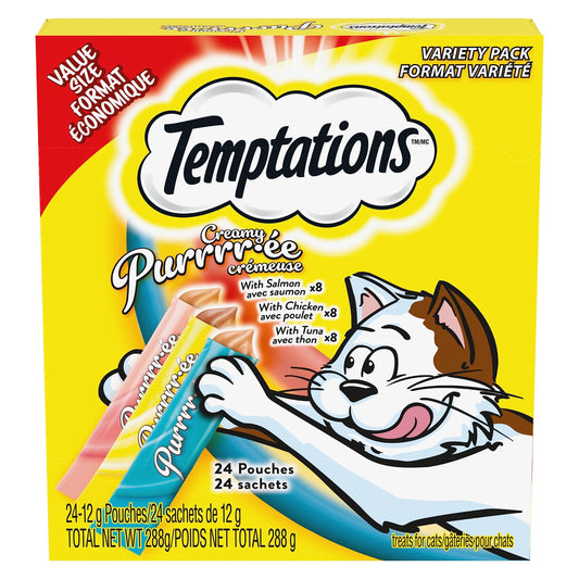 Temptations Creamy Puree Adult Lickable Cat Treats with Chicken & Salmon & Tuna Variety Pack, 24 Pouches, 288g