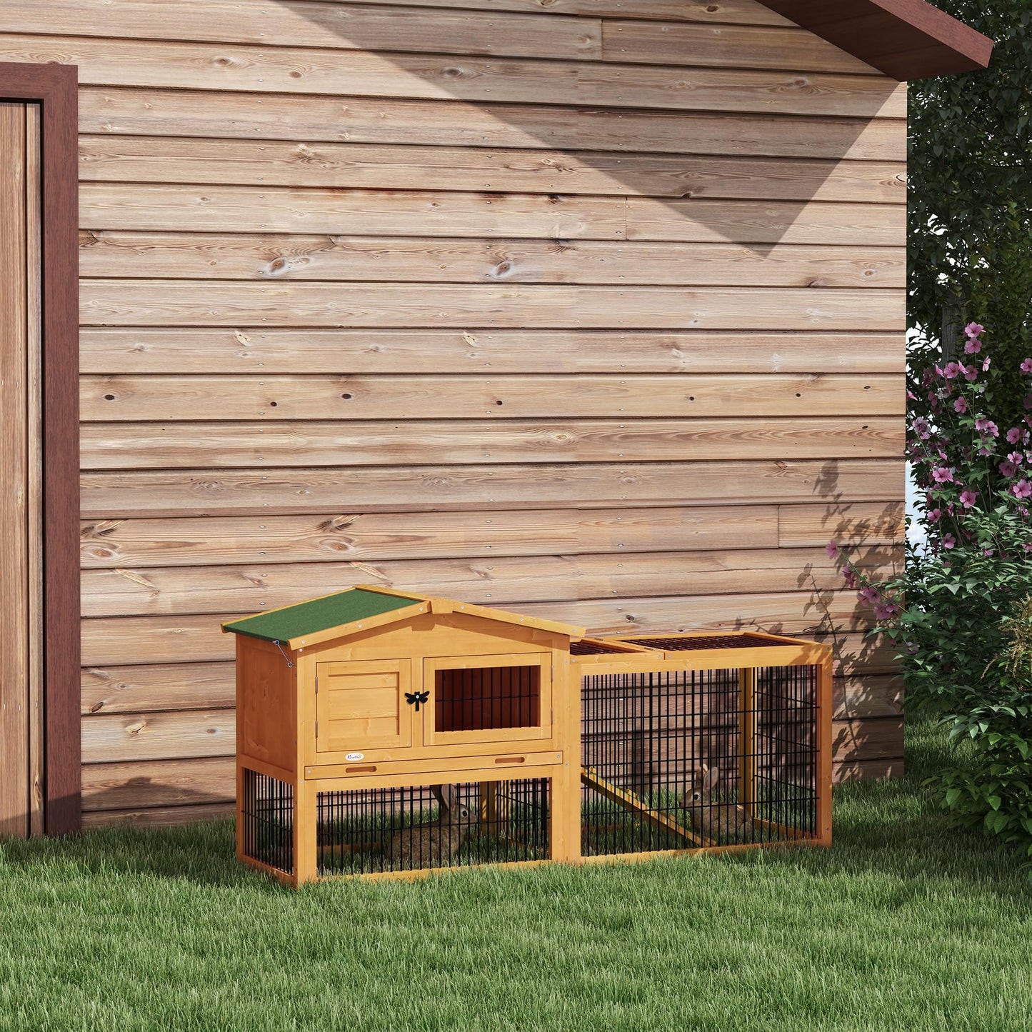 PawHut Solid Wood Rabbit Hutch Bunny Cage Pet Guinea Pig House Outdoor Small Animal Habitat w/Ramp, Weather-Resistant Asphalt Openable Roof, Pull-Out Tray, Dark Grey