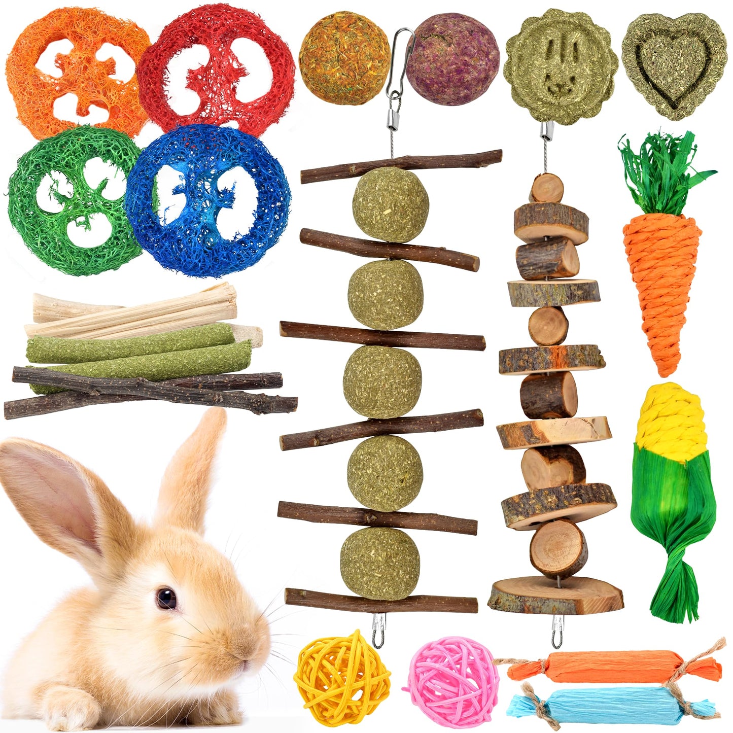 22-Pack Natural Bunny Chew Toys, Boredom Breakers for Rabbit, Hamster, Guinea Pig & Chinchilla, Apple Wood Timothy Hay Sticks for Small Animal Teething Furr-Reel