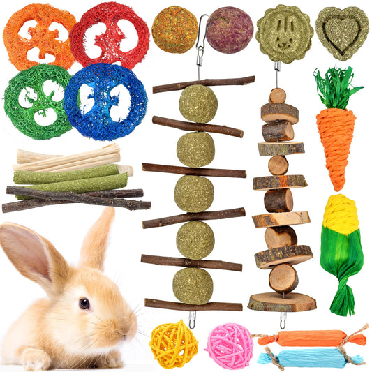 22-Pack Natural Bunny Chew Toys, Boredom Breakers for Rabbit, Hamster, Guinea Pig & Chinchilla, Apple Wood Timothy Hay Sticks for Small Animal Teething Furr-Reel