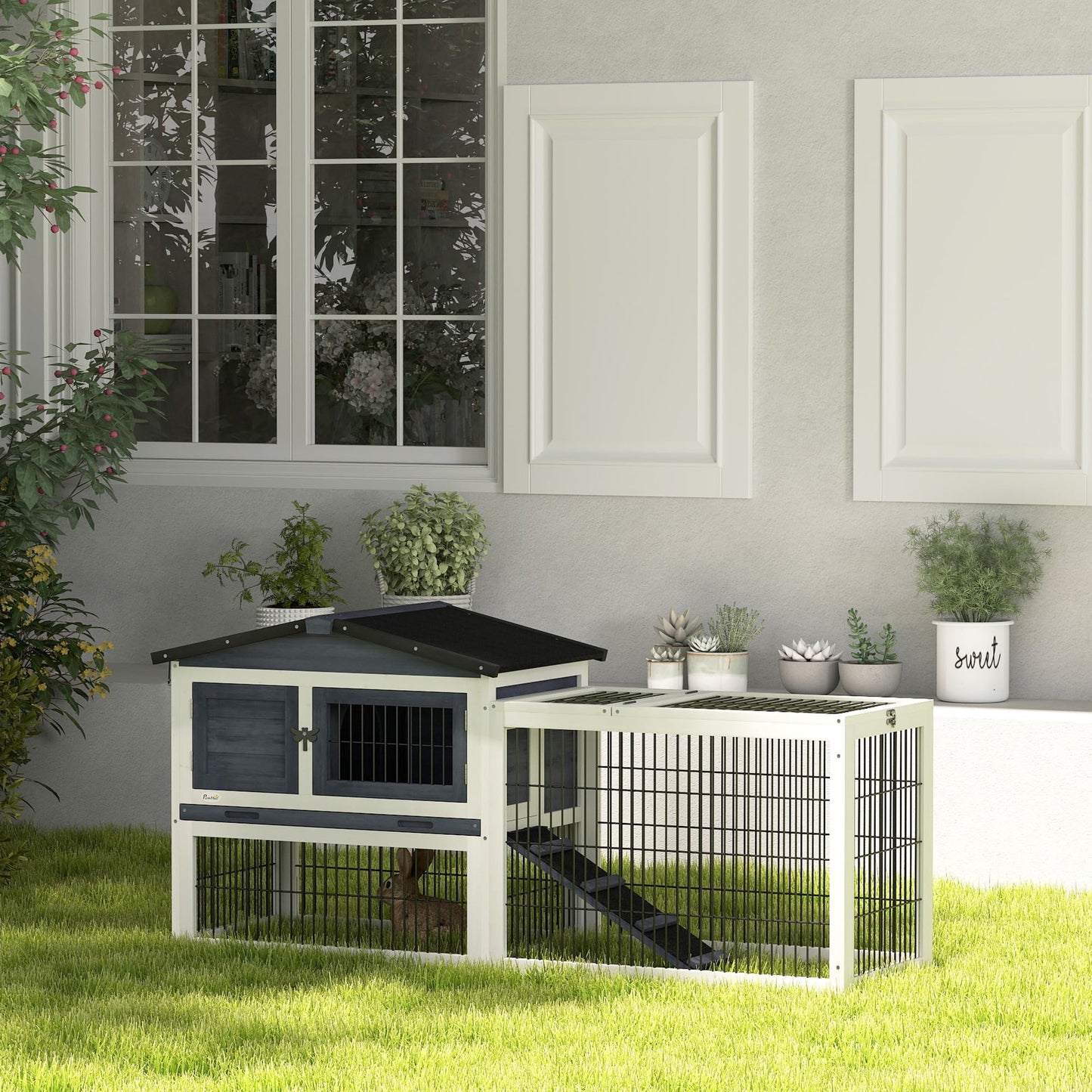 PawHut Solid Wood Rabbit Hutch Bunny Cage Pet Guinea Pig House Outdoor Small Animal Habitat w/Ramp, Weather-Resistant Asphalt Openable Roof, Pull-Out Tray, Dark Grey