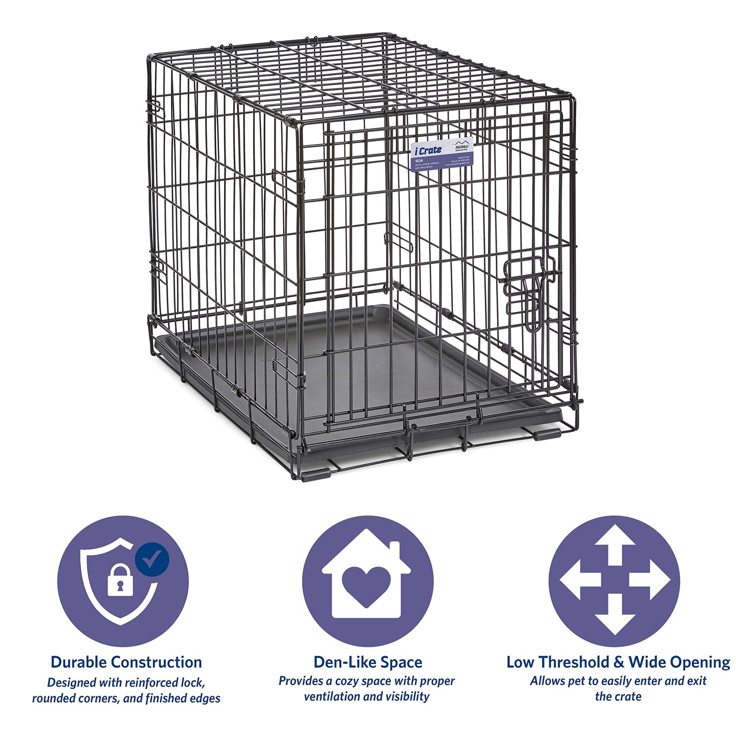 Dog Crate | MidWest iCrate 30" Folding Metal Dog Crate w/ Divider Panel, Floor Protecting Feet & Leak-Proof Plastic Tray | 30L x 19W x 21H Inches, Medium Dog, Black