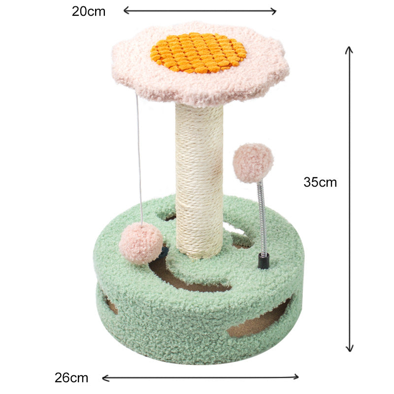 NNEDSZ Green-pink Interactive Cat Scratching Post with Playful Ball Toys, Flower Design - 35cm Height, 26cm Base - Furr-Reel