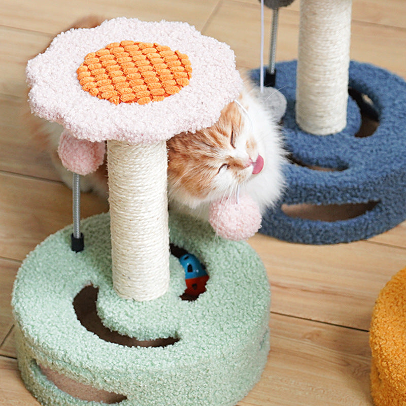 NNEDSZ Green-pink Interactive Cat Scratching Post with Playful Ball Toys, Flower Design - 35cm Height, 26cm Base - Furr-Reel