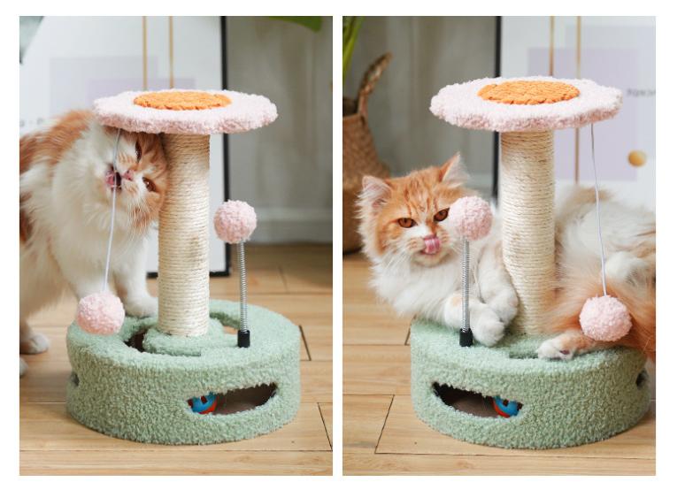 NNEDSZ Green-pink Interactive Cat Scratching Post with Playful Ball Toys, Flower Design - 35cm Height, 26cm Base - Furr-Reel